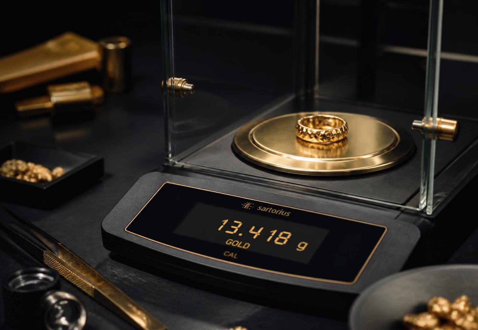 Feinwaage mit Goldring bei der Edelmetallanalyse