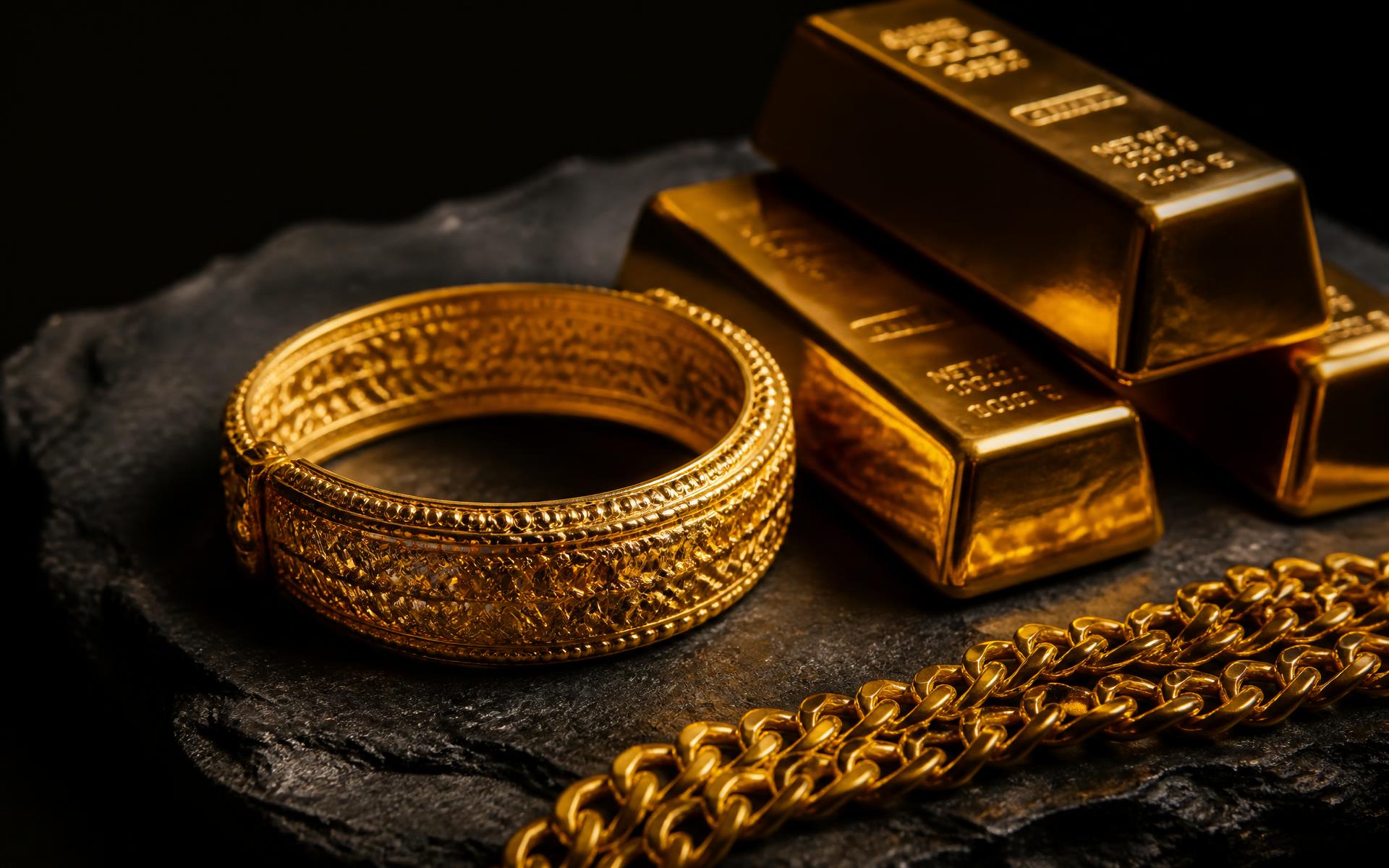 Goldschmuck, Goldbarren und eine Goldkette auf dunklem Schiefer