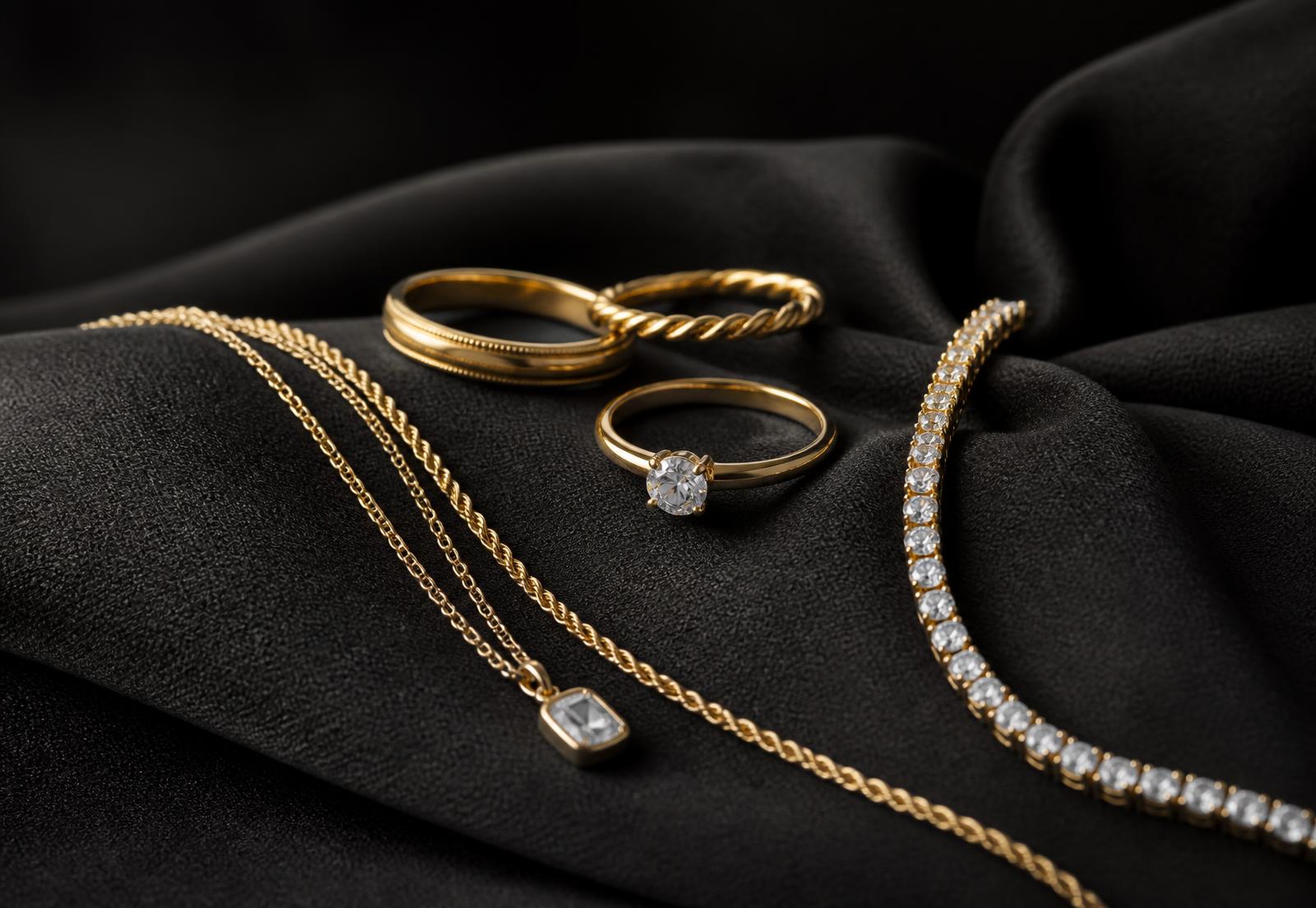 Goldringe, Ketten und Diamantarmband auf dunklem Stoff